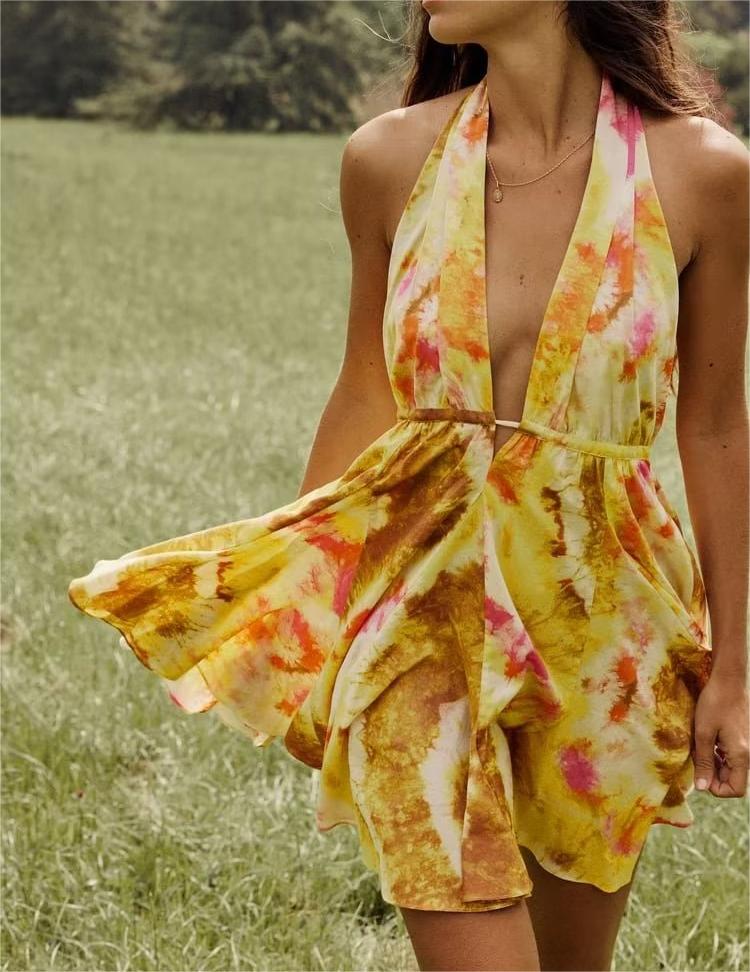 Golden Hour Backless Halter Mini Dress Yellow