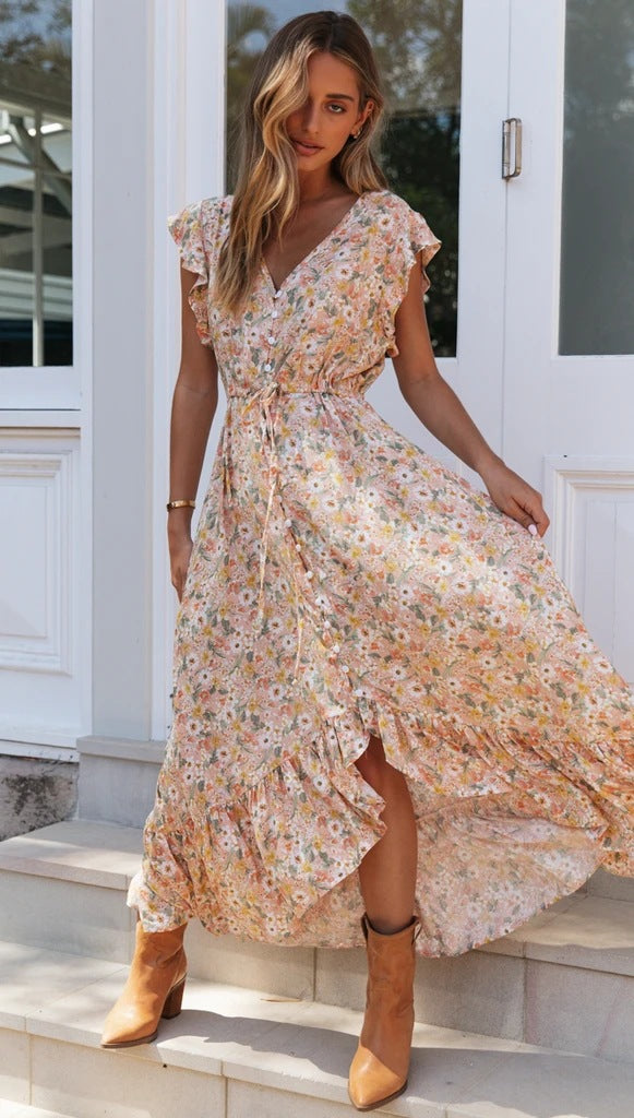 Floral Flirt Button Front Bohemian Maxi Dress