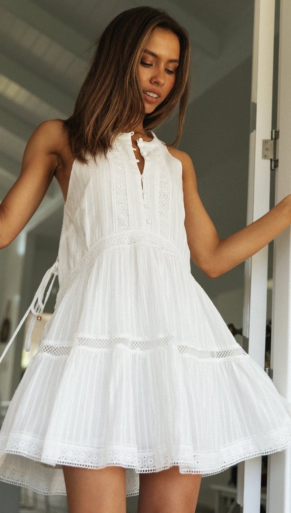 Lace Lullaby Button Front Boho Mini Dress White