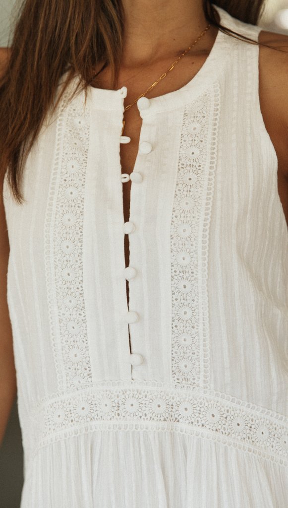 Lace Lullaby Button Front Boho Mini Dress White