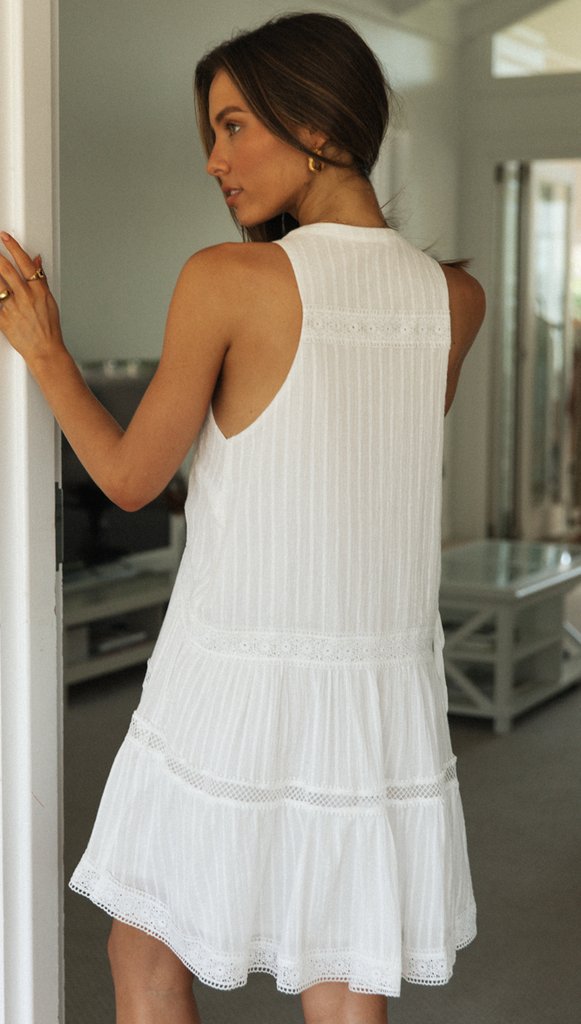 Lace Lullaby Button Front Boho Mini Dress White