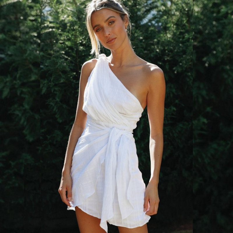 Ethereal Eden One Shoulder Mini Wrap Dress White
