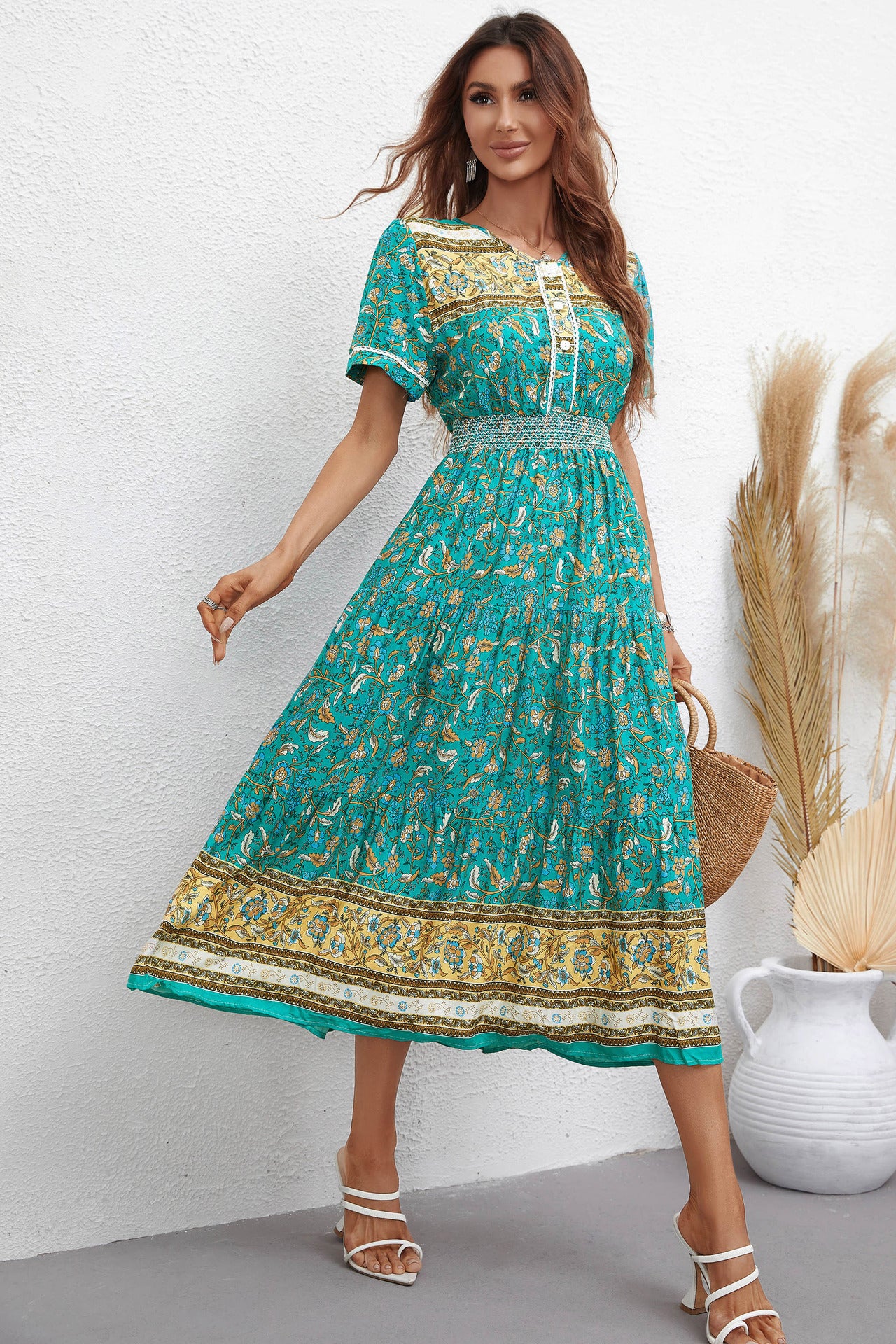 Sylvan Reverie Short Sleeve Midi Boho Dress
