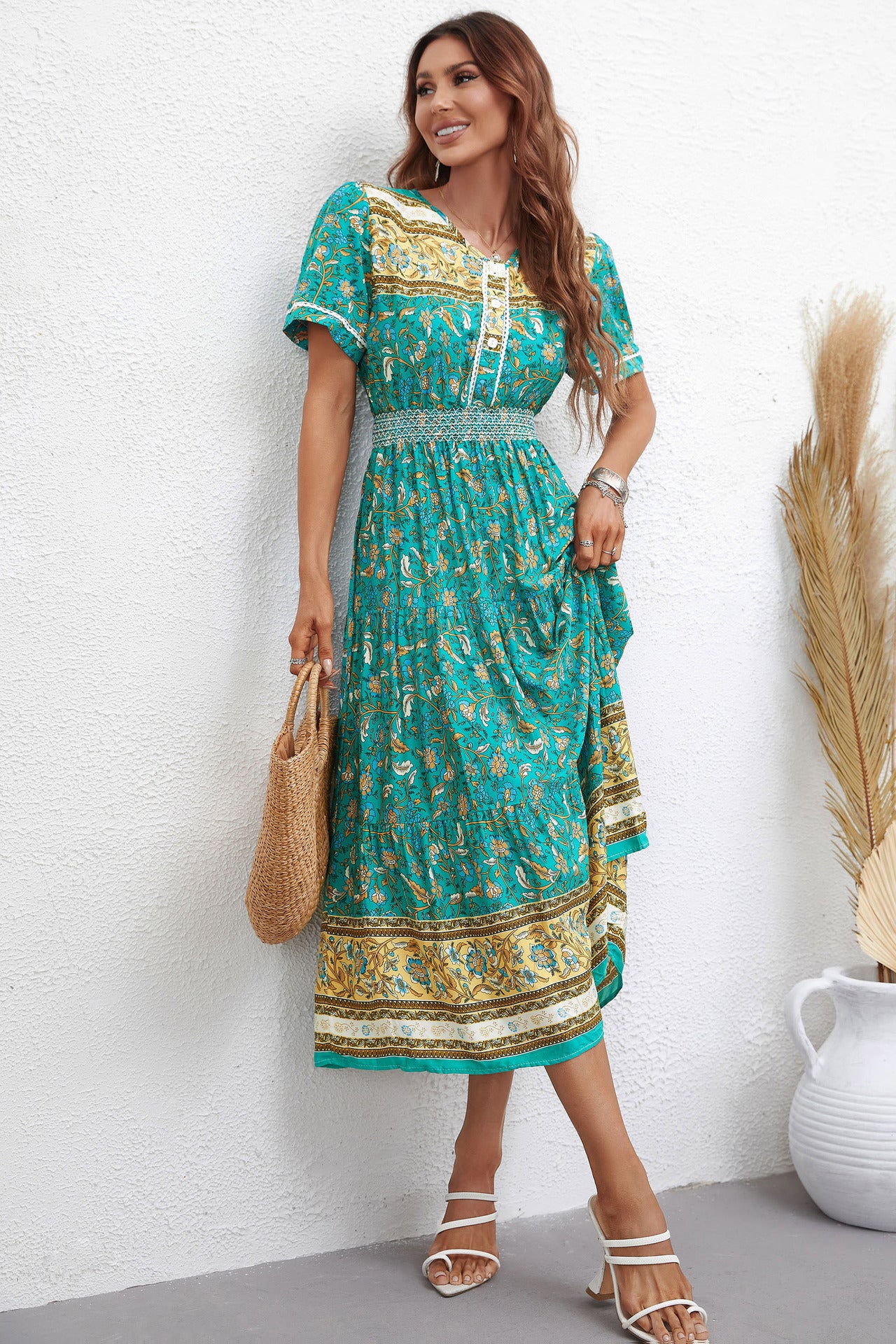 Sylvan Reverie Short Sleeve Midi Boho Dress