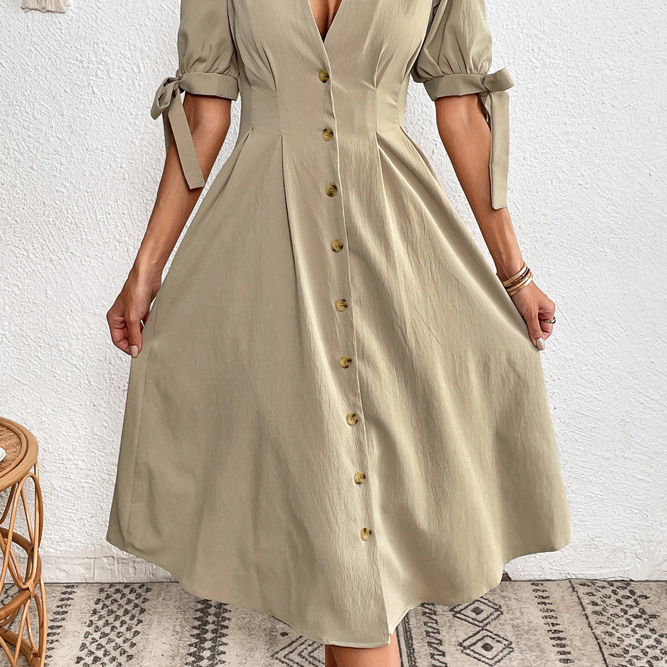 Wanderlust Deep V Button Down Midi Dress
