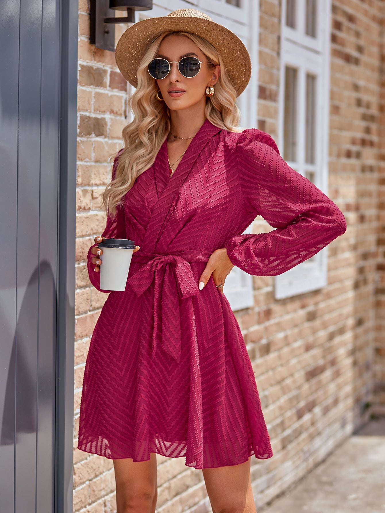 Casual Bliss Long Sleeve Tie Waist Mini Dress