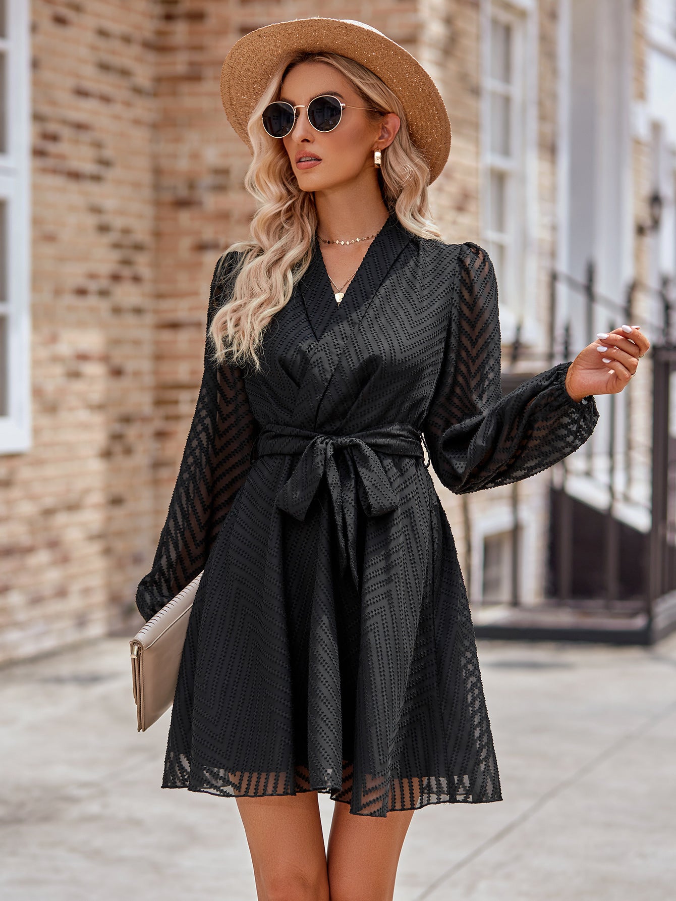 Casual Bliss Long Sleeve Tie Waist Mini Dress