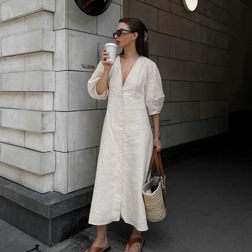 Linen Luxe Puff Sleeve Button Front Shirt Dress
