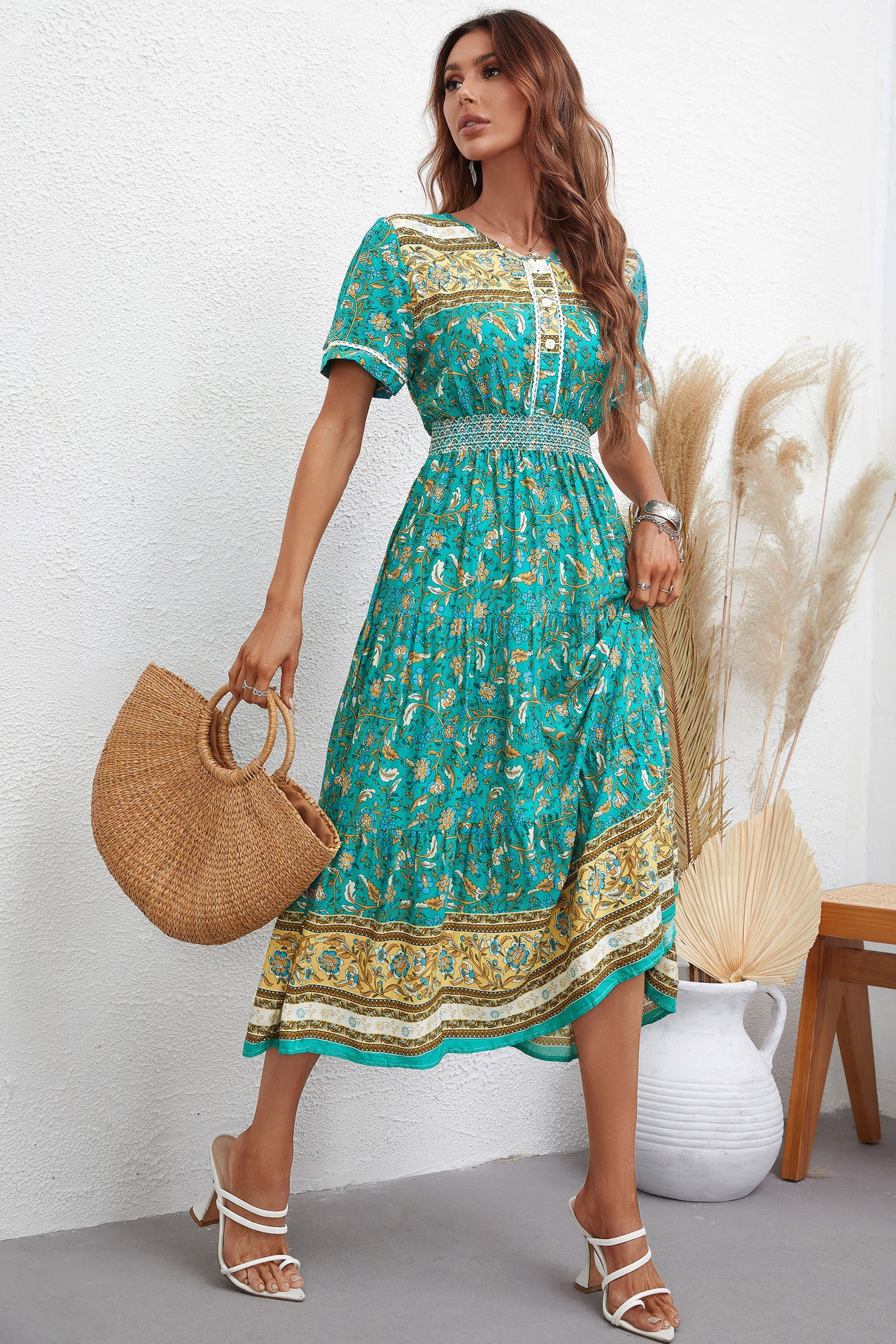 Sylvan Reverie Short Sleeve Midi Boho Dress