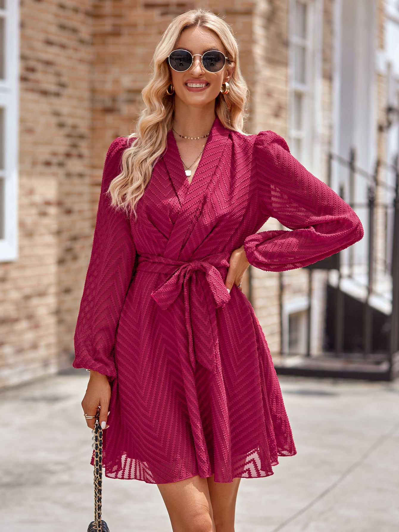 Casual Bliss Long Sleeve Tie Waist Mini Dress
