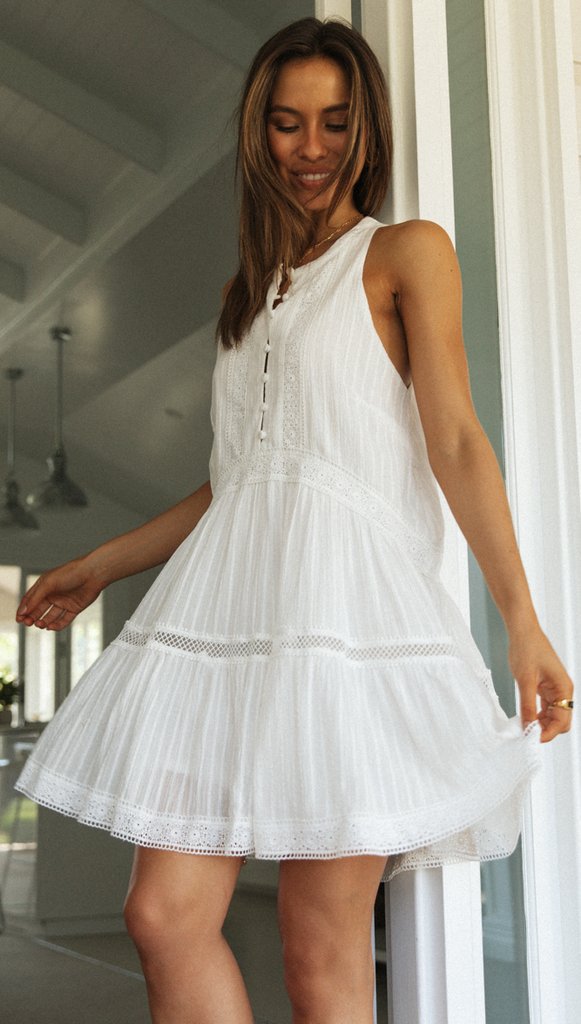 Lace Lullaby Button Front Boho Mini Dress White