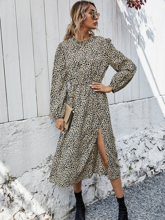 Exotic Elegance Leopard Print Split Hem Midi Dress